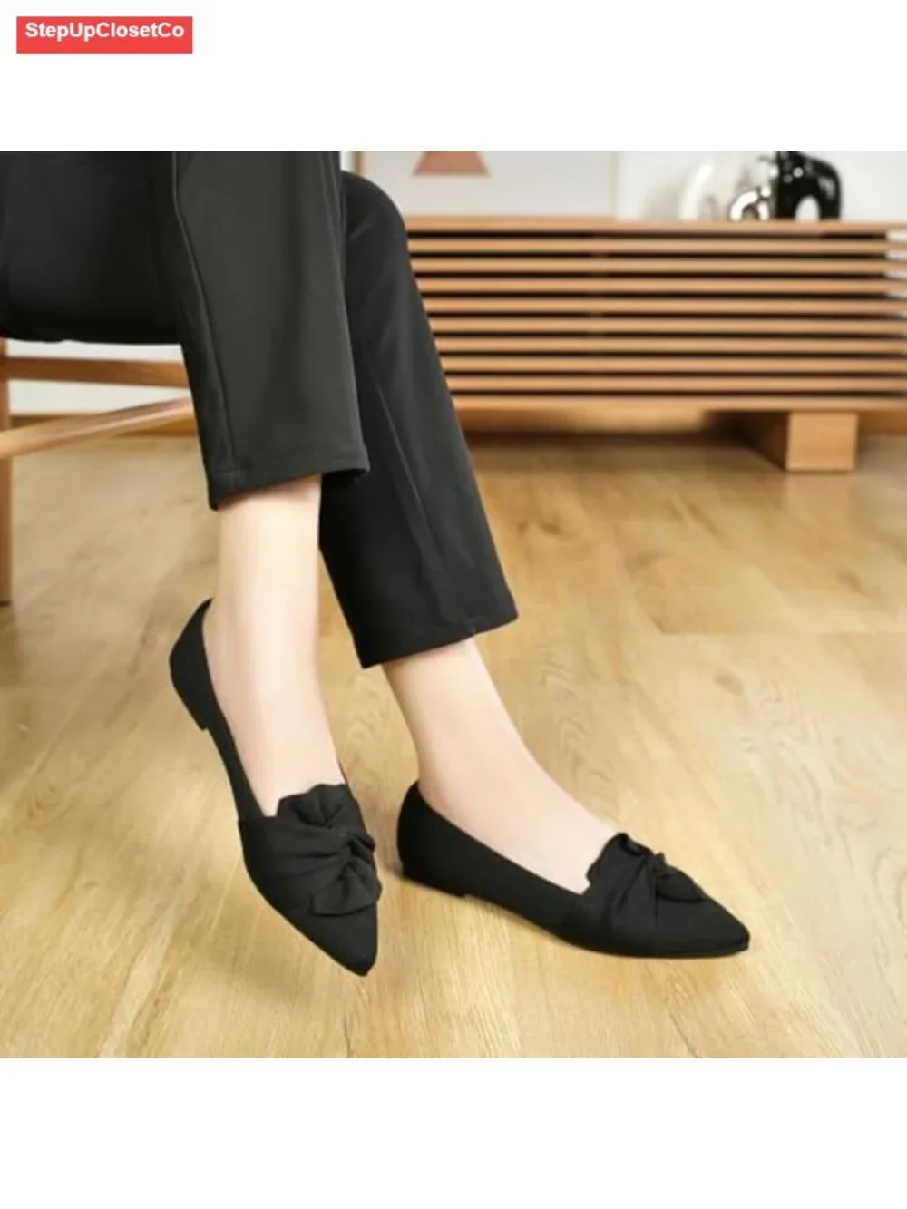 Pointed Toe Ballet Flats with Bow - Comfortable Knit Dressy Flats